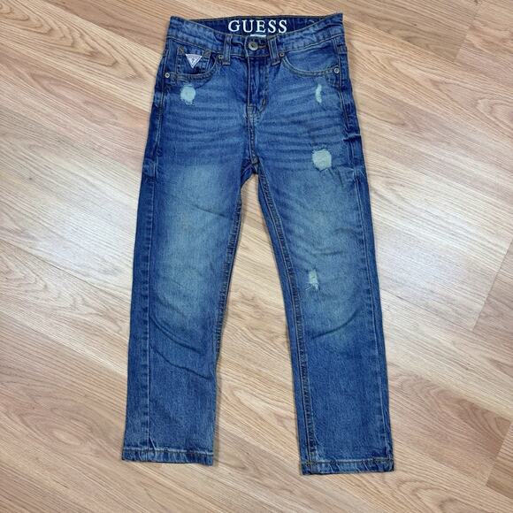 Guess Boys Straight Leg Blue Denim Jeans Size 6 Distressed Medium Wash - Picture 1 of 4